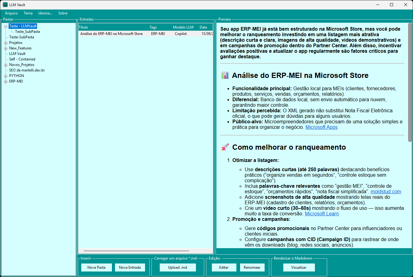 Fig. 1: Tela principal do LLMVault, com árvore de pastas, lista de entradas e preview.