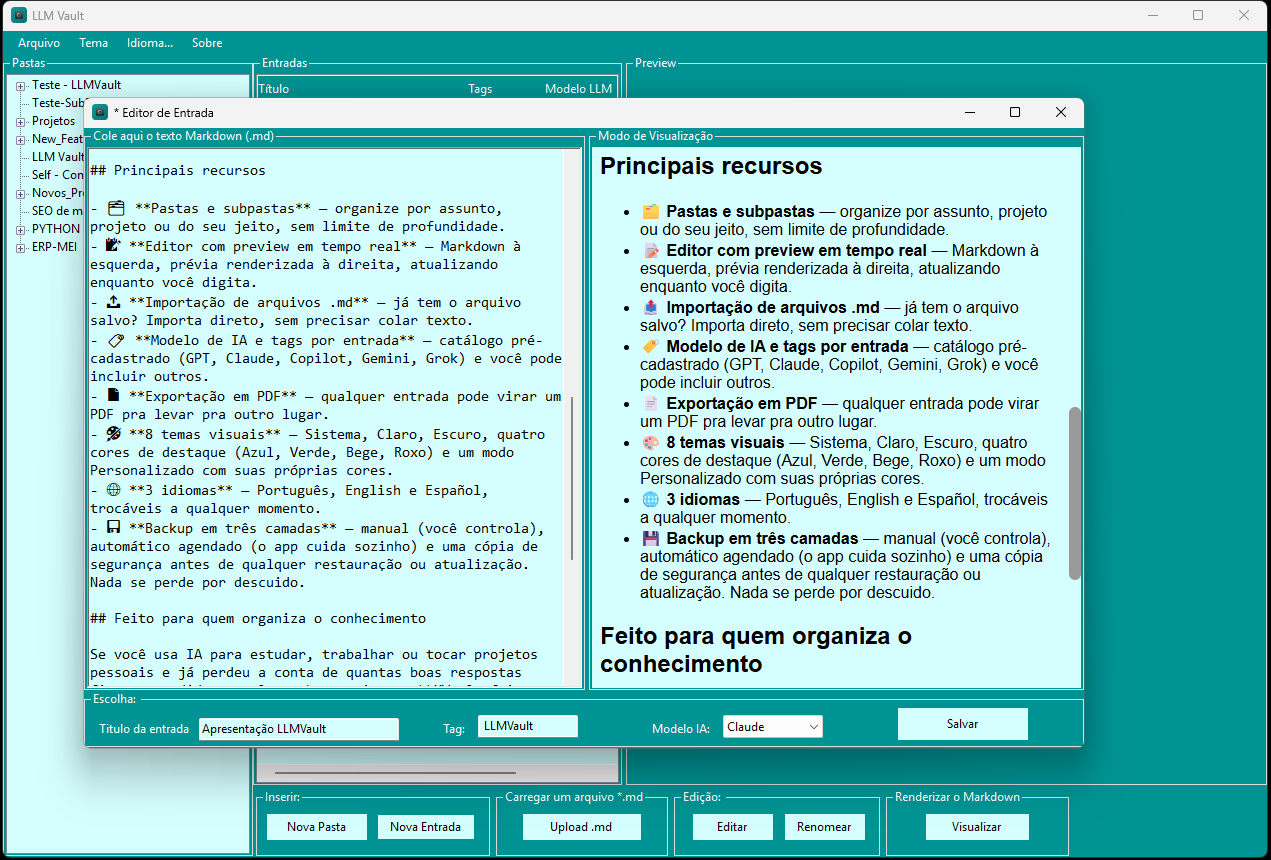 Fig. 3: Editor de entrada, com título, modelo de IA, tag, Markdown e preview lado a lado.