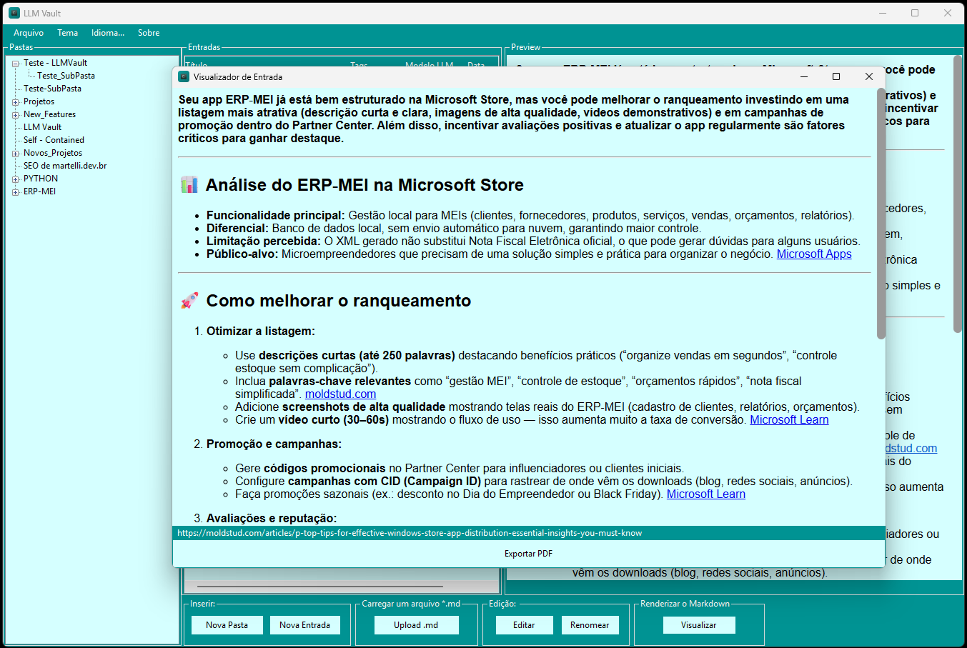 Fig. 5: Janela de visualização de uma entrada, com o botão Exportar PDF.