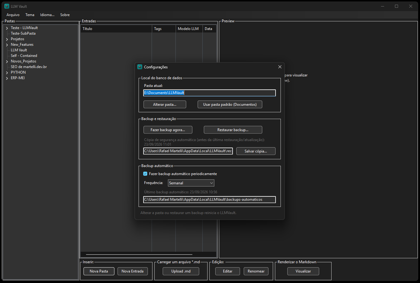 Fig. 8: Tela de Configurações, com local do banco e backup.