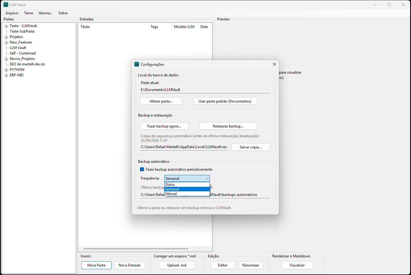 Fig. 9: Grupo Backup automático em Configurações, com a frequência escolhida.