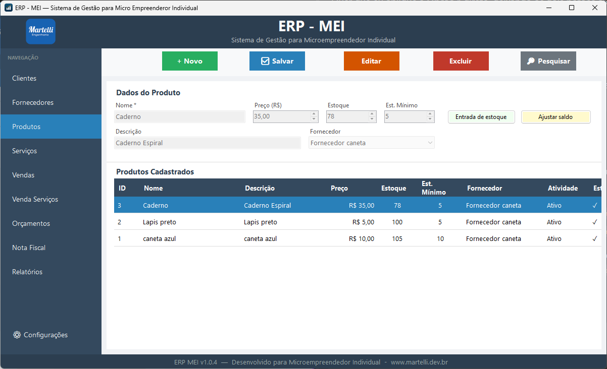Tela do ERP para MEI - módulo produtos