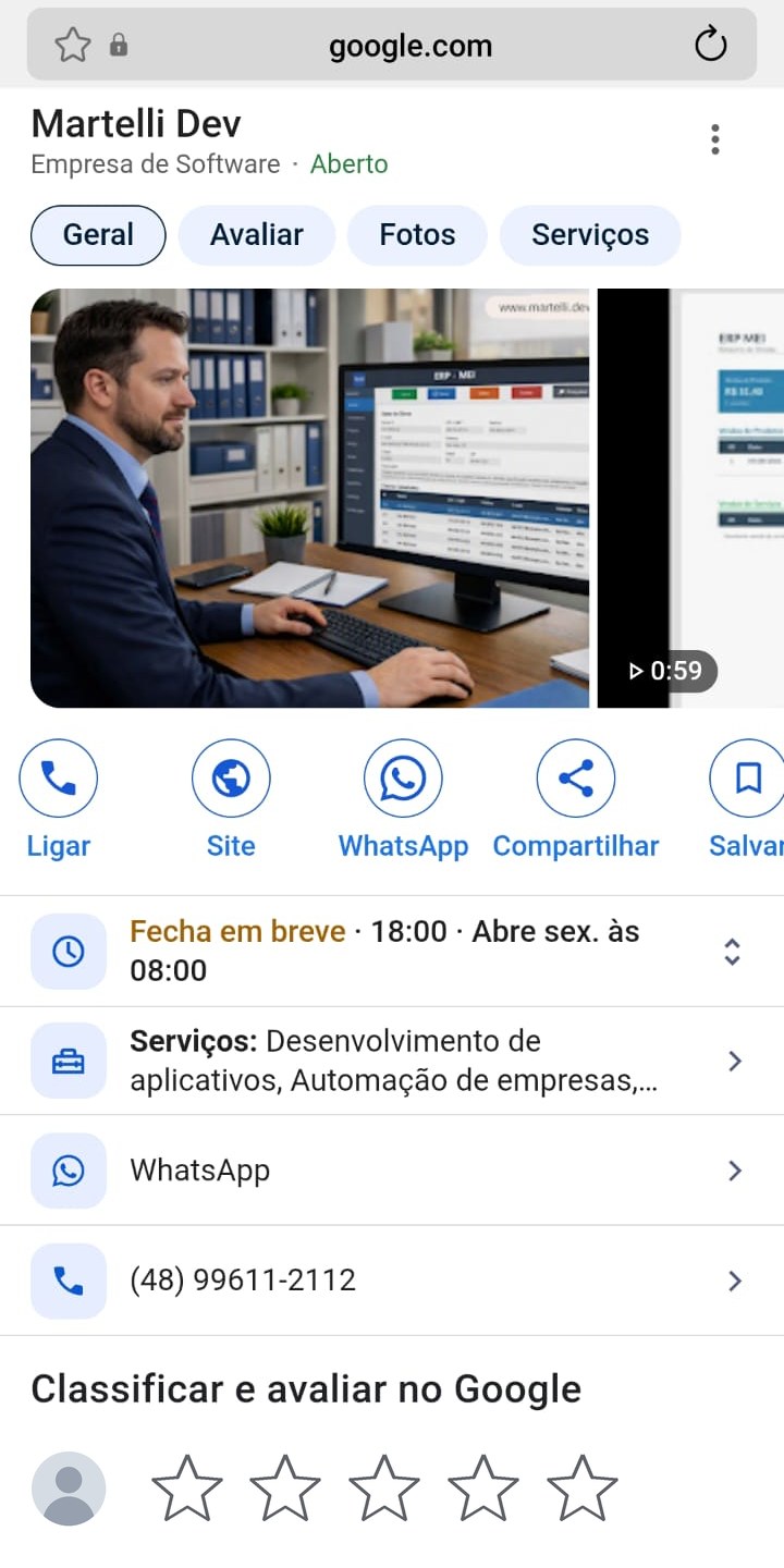 Perfil da Martelli Dev no Google pelo celular: foto de capa, abas Geral, Avaliar, Fotos e Serviços, botões Ligar, Site, WhatsApp e Compartilhar, horário, telefone e, no fim, Classificar e avaliar no Google com cinco estrelas vazias.