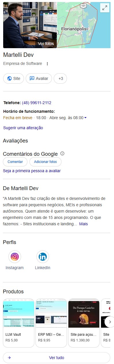 Perfil da Martelli Dev na busca do Google: foto, mapa da área de atendimento, telefone, horário, avaliações, descrição, perfis no Instagram e LinkedIn e produtos.