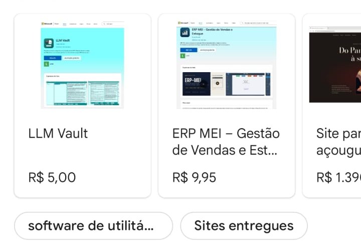 Produtos da Martelli Dev no app Google Maps: LLM Vault por R$ 5,00, ERP MEI por R$ 9,95 e site para açougue, com as categorias software de utilitários e sites entregues.
