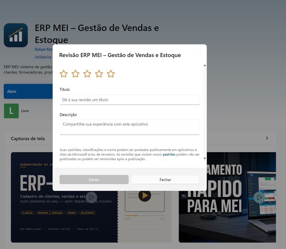 Microsoft Store aberta na página do ERP-MEI, com a janela de avaliação por cima: cinco estrelas vazias, campos Título e Descrição e botões Enviar e Fechar.