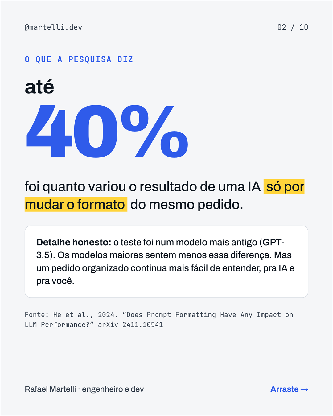 O que a pesquisa diz: até 40% foi quanto variou o resultado de uma IA só por mudar o formato do mesmo pedido. O teste foi no GPT-3.5; modelos maiores sentem menos a diferença. Fonte: He et al., 2024, arXiv 2411.10541.