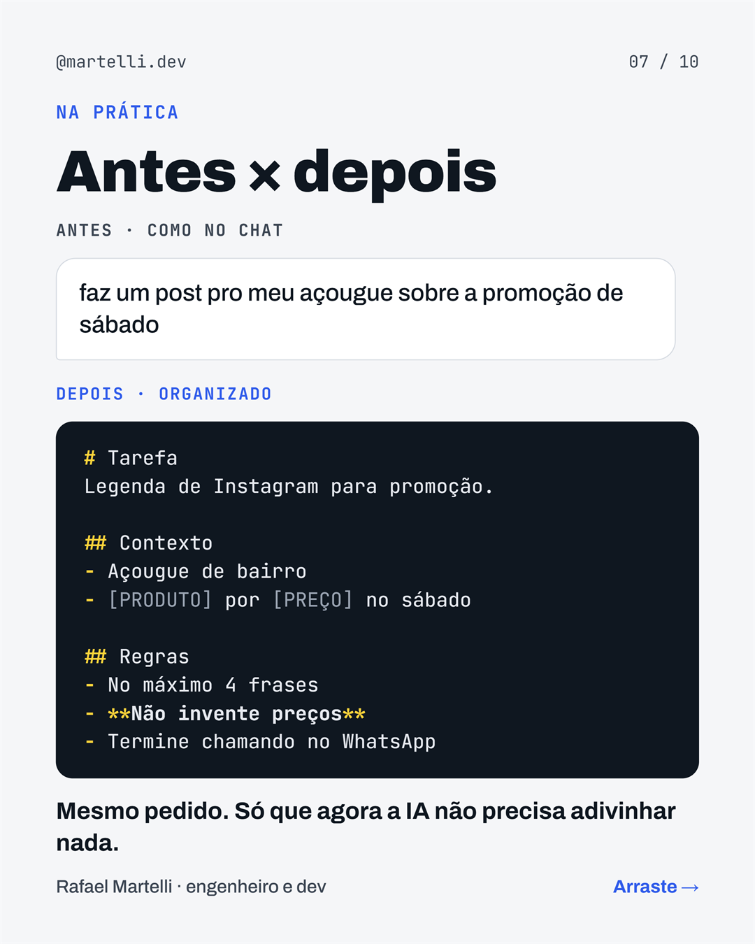 Antes e depois: o pedido solto do chat reescrito com Tarefa, Contexto e Regras para uma legenda de promoção de açougue. Mesmo pedido, sem a IA precisar adivinhar.