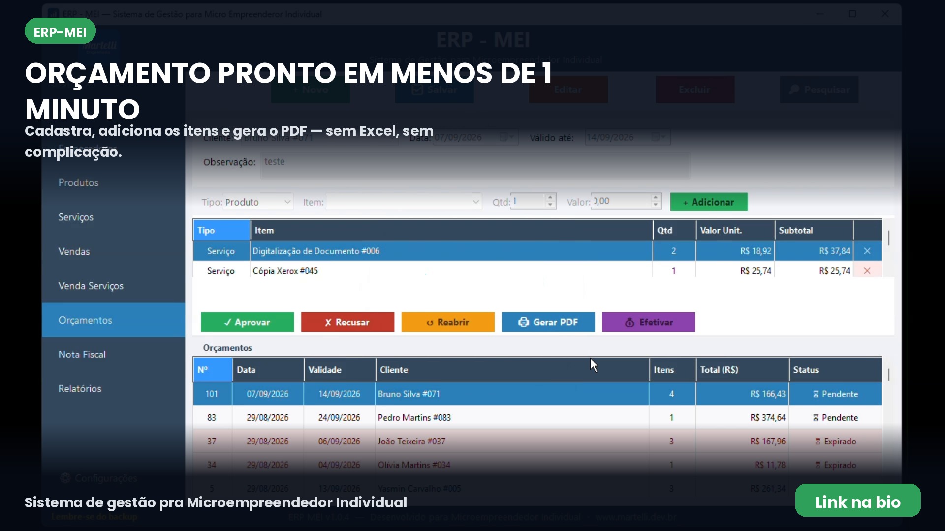 ERP-MEI — tela de orçamento rápido para MEI, com lista de itens e status pendente/expirado