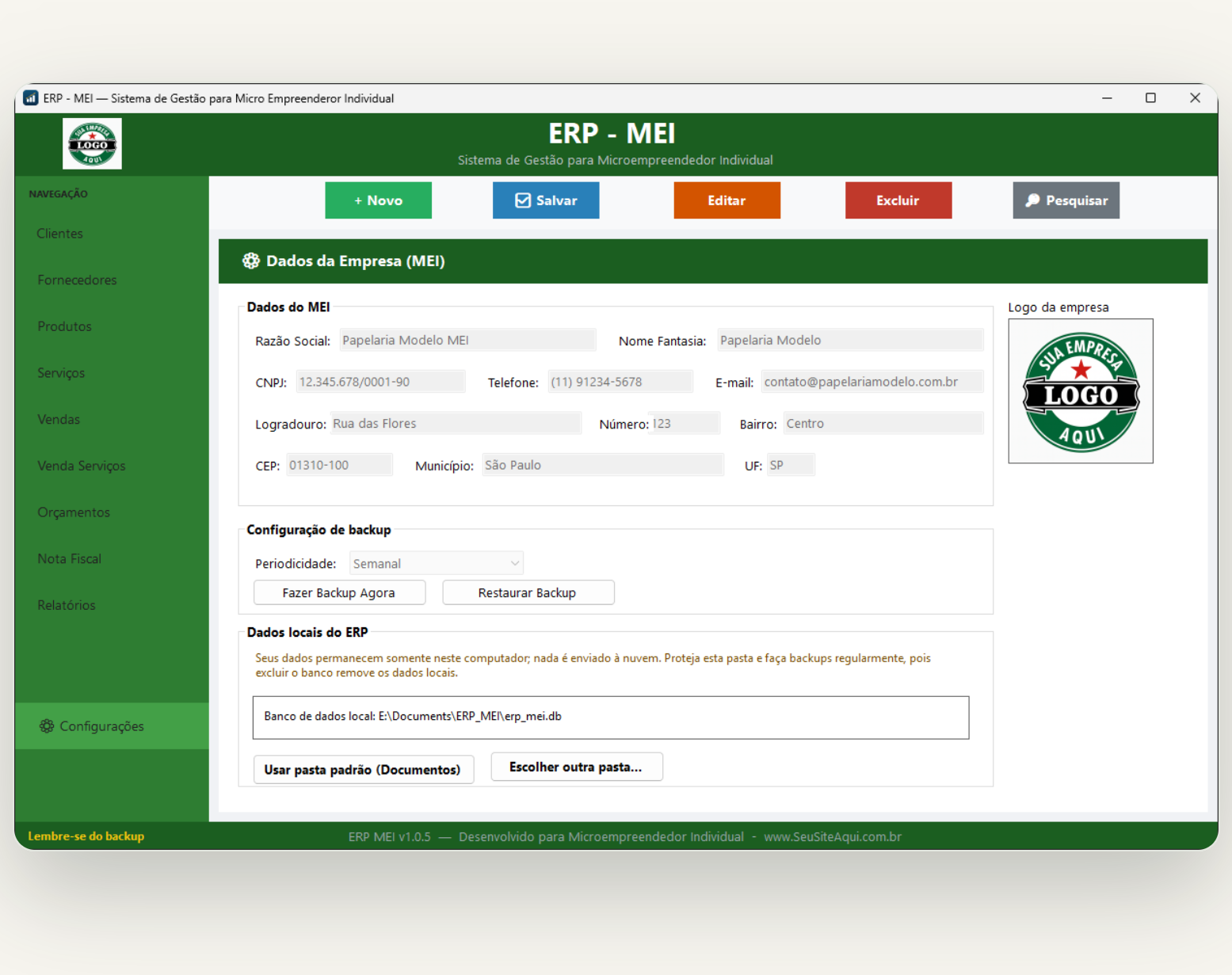 Tela de configurações do ERP-MEI mostrando os dados da empresa e o campo para upload da logo