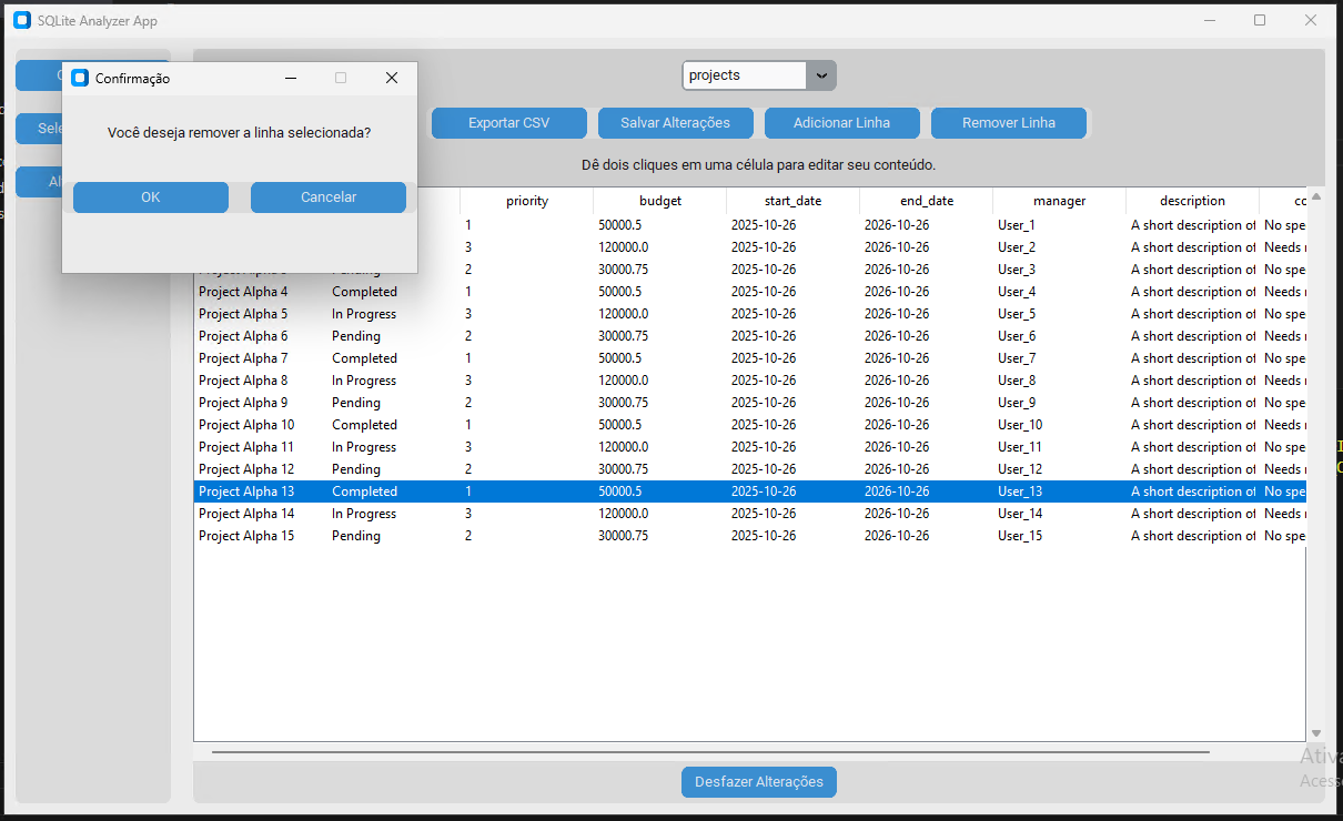 Tela do SQLiteAnalyzer